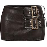 SOLY HUX Women's PU Leather Mini Skirt Low Rise Pleather Skort Buckle Bodycon Party Club Skirts with Shorts Underneath