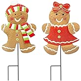 Hourleey 2 Pack Christmas Metal Stakes, 24.8 inch Gingerbread Boy and Girl Yard Sign Stake, Christmas Outdoor Decorations for Outdoor Holiday Pathway Home Yard Lawn Garden Party Decor