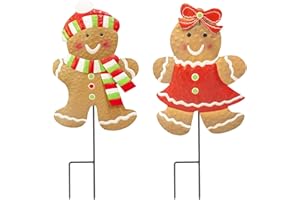 Hourleey 2 Pack Christmas Metal Stakes, 24.8 inch Gingerbread Boy and Girl Yard Sign Stake, Christmas Outdoor Decorations for Outdoor Holiday Pathway Home Yard Lawn Garden Party Decor