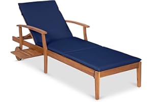 Best Choice Products 79x26in Acacia Wood Chaise Lounge Chair Recliner, Outdoor Furniture for Patio, Poolside w/Slide-Out Side Table, Foam-Padded Cushion, Adjustable Backrest, Wheels - Navy Blue