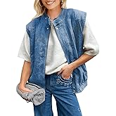 Tankaneo Womens Denim Vest Casual Zip Up Jean Vest Tops Utility Cargo Oversized Sleeveless Jacket