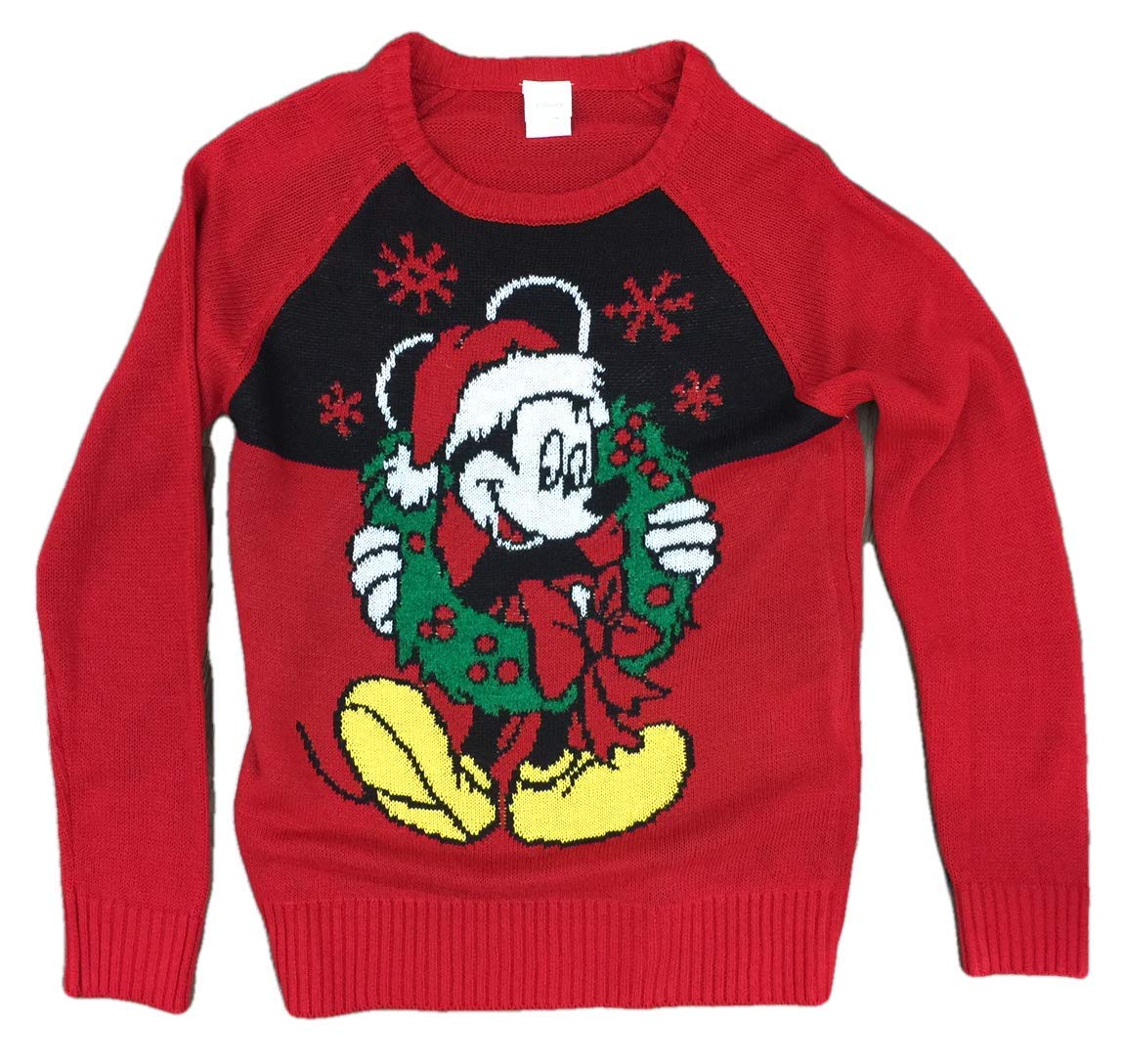 Disney Mickey Mouse with Christmas Wreath Women's Junior's Sweater (Large 11-13) Red