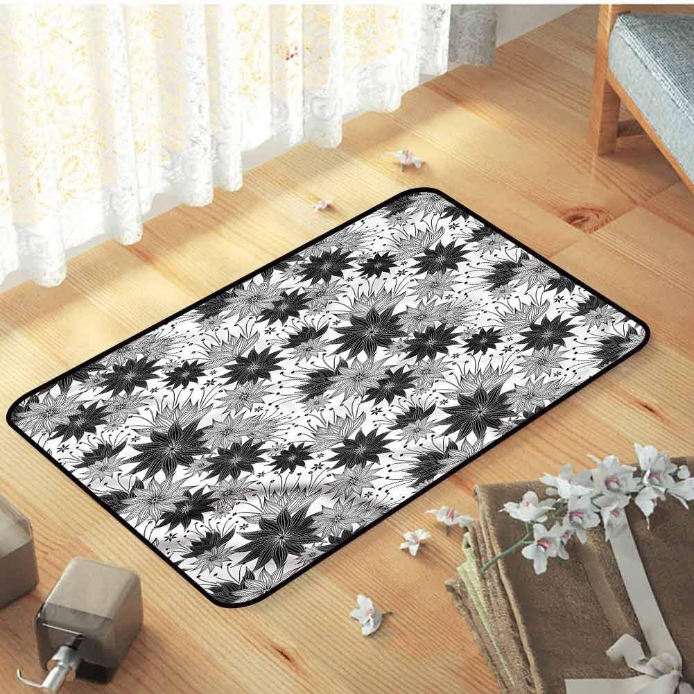 Black and White Bath Mats, Blossoming Flowers Home Decor Carpet Hand Washable, and