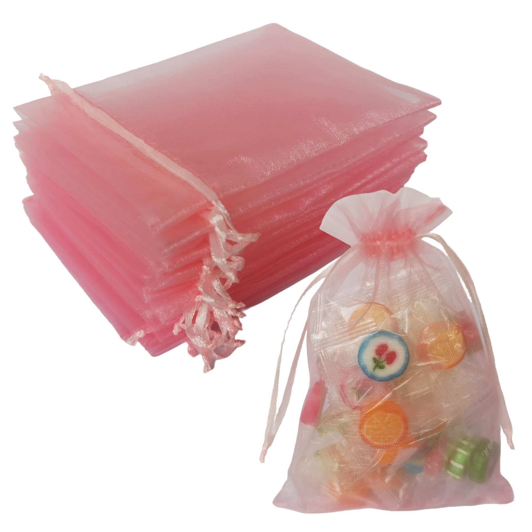 Photo 1 of 100 Pc Organza Drawstring Gift Bags 5x7 inch Blush Pink for Jewelry,Candy,Cedar,Sheer Fabric Clear Mesh Wrap Little Sachet for Baby Shower,Christmas,Party Favors,Bridal Shower,Birthday,Rustic Wedding