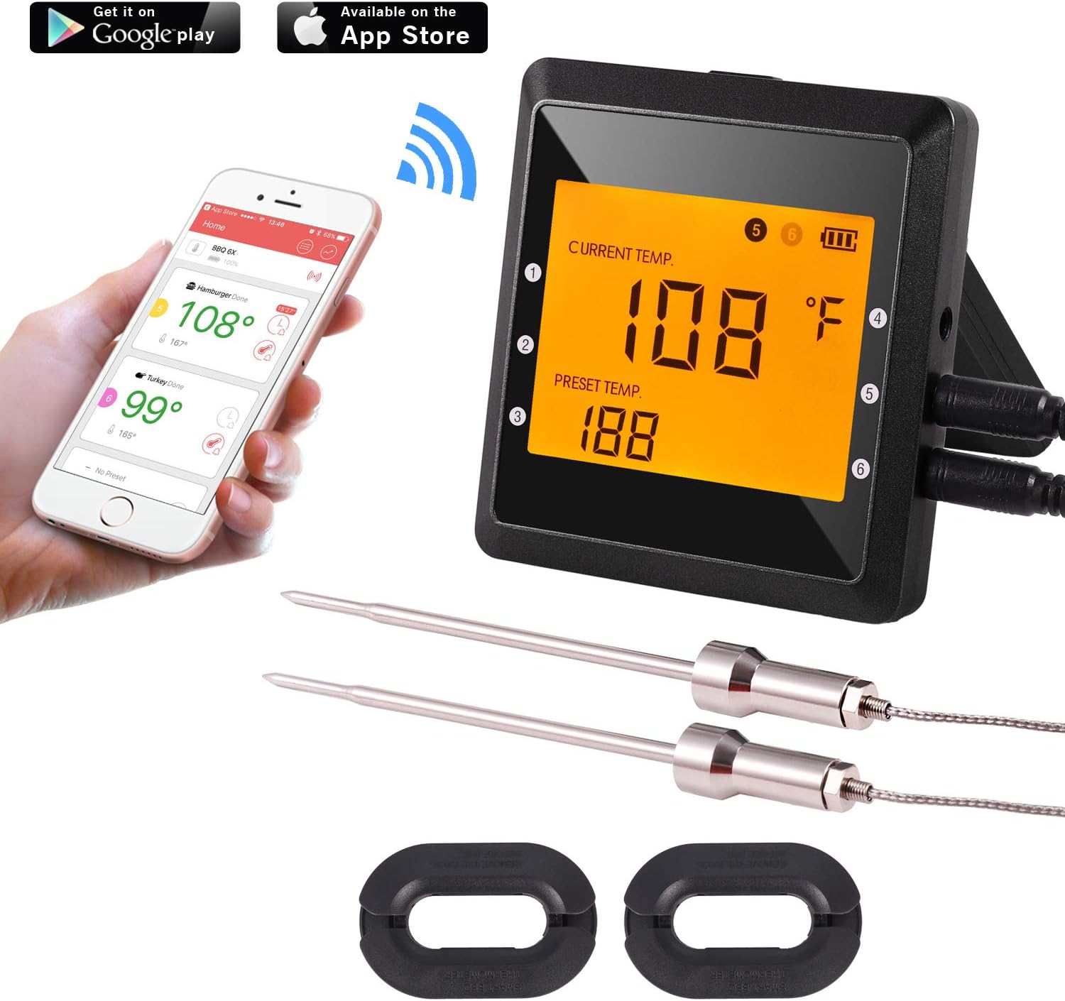 Bluetooth Meat Thermometer 2 Probe, Digital Wireless Thermometer, 180° WideView & Smart Remote APP Control, Food Grill BBQ Thermometer for Grilling Cooking Smoking