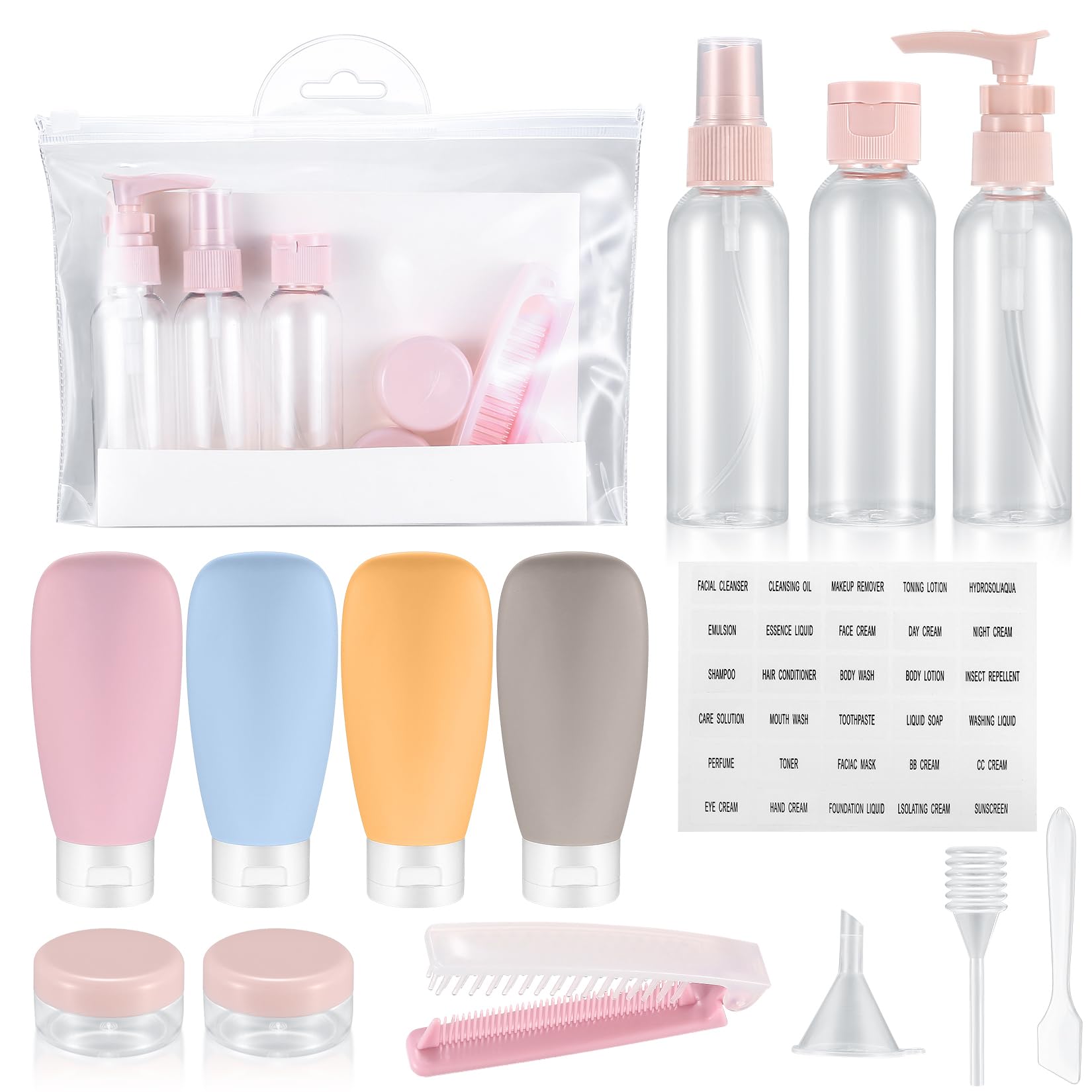 14 Pcs Travel Bottles Set, 60 ML Empty Refillable Squeeze Bottles Containers, Squeezable Travel Size Containers Set for Toiletries, Shampoo, Conditioner