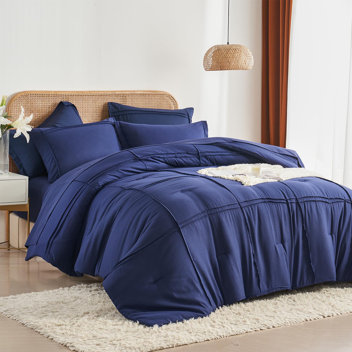 Yogeneg Full Size Comforter Set 7 Piece Bed in a Bag,Grid Pinch Pleat Navy Blue Bedding Set,Striped Textured Soft Microfiber Comforter with Sheet Set,All Season Complete Bed Set(Navy Blue,Full) Image