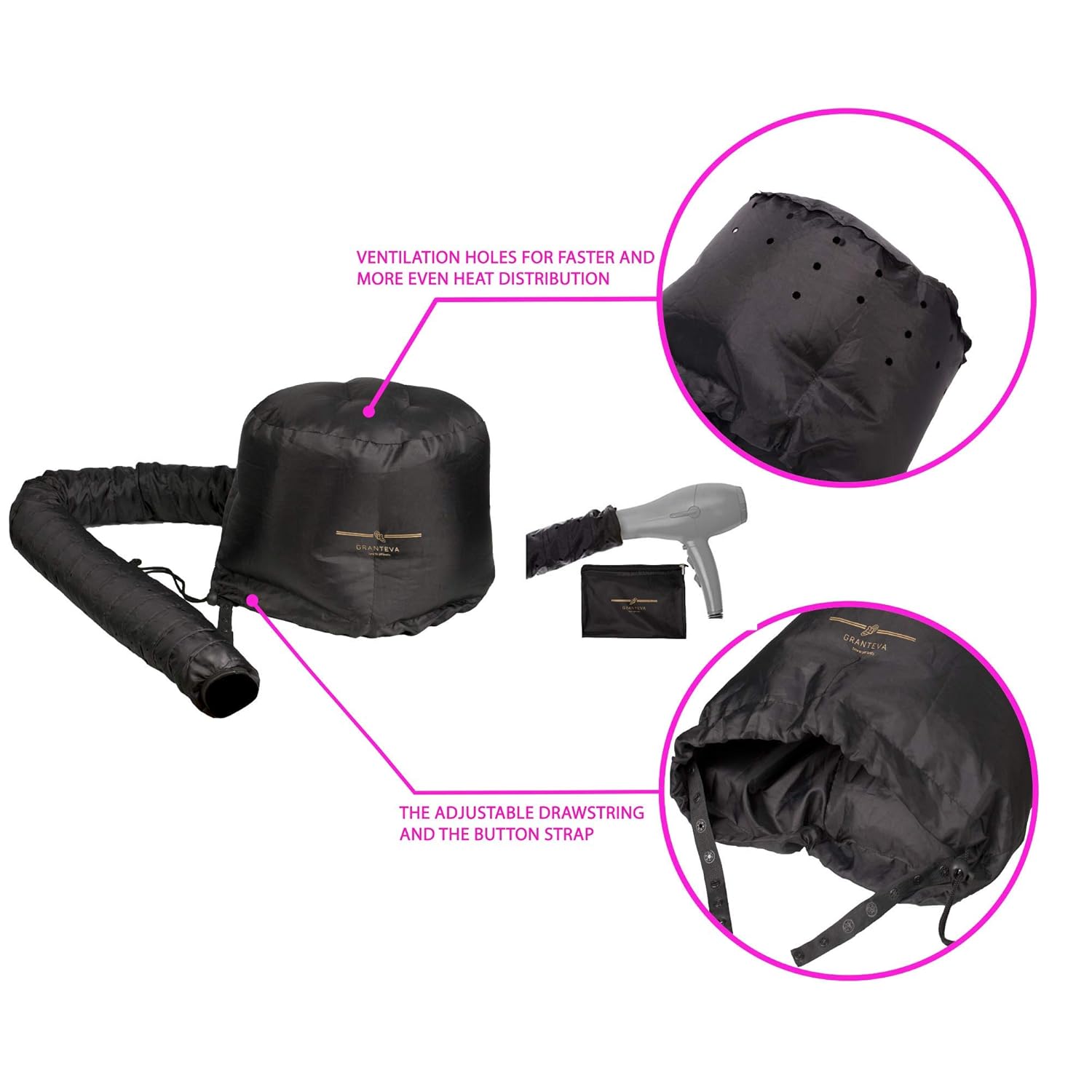Bonnet Hood Hair Dryer Attachment by Granteva - Relax, Speeds Up Drying Time at Home, Easy to Use for Styling, Curling and Deep Conditioning - Soft, Adjustable, Fits to All Small or Big Heads, Rollers: Beauty