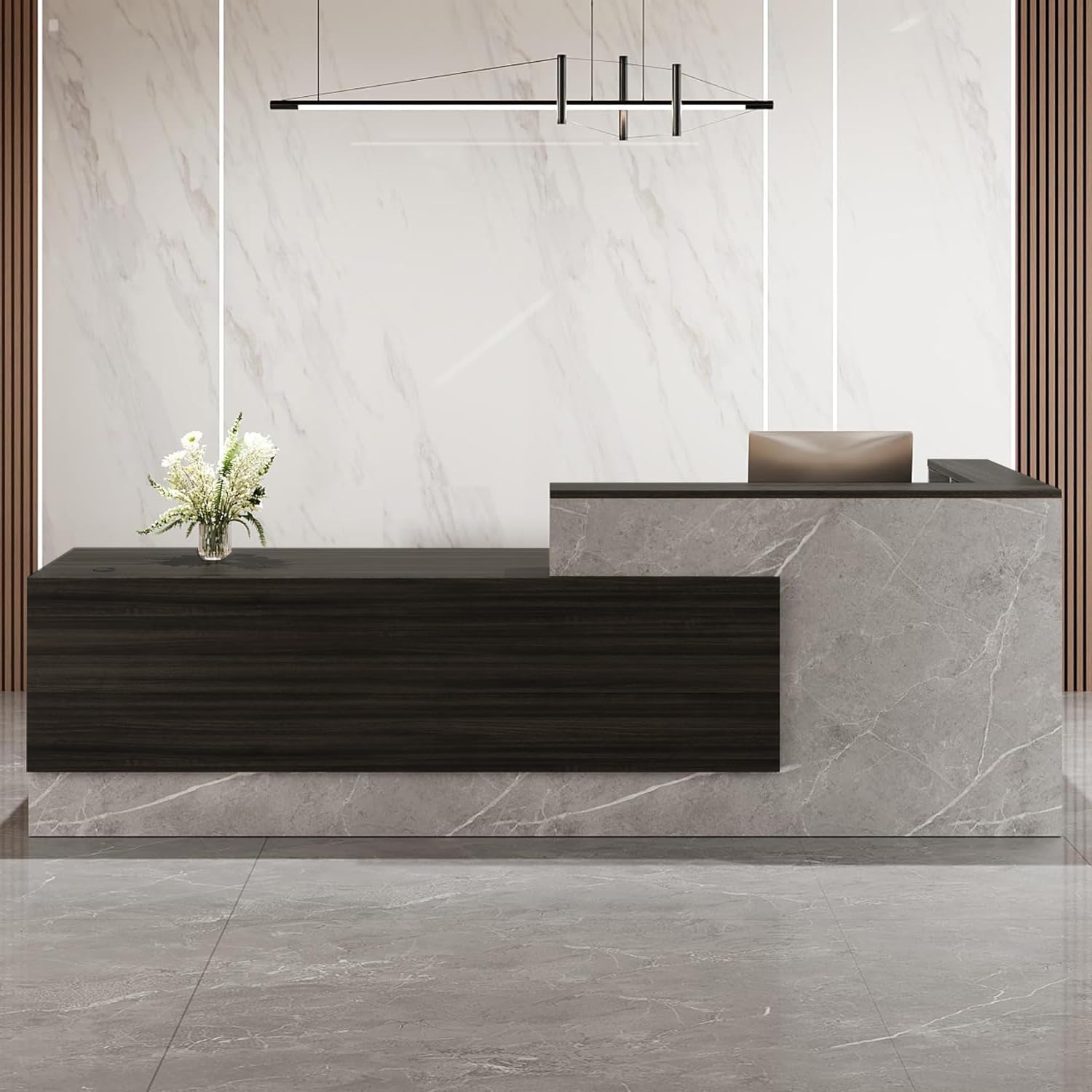 Photo 1 of YTElantivo Modern Reception Desk,L-Shaped Large Wooden Commercial Receptionists Desk,Reception Desk with Counter,Lockable Drawers,Door Cabinet and Front Desk Reception Counter (B, Left_71*24 * 41IN)