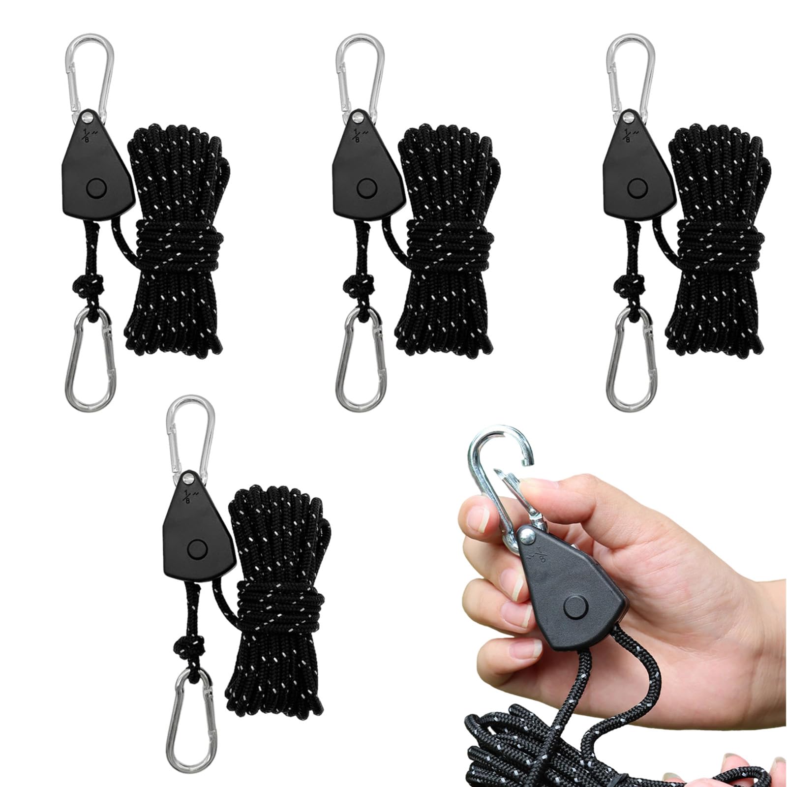 4Pcs Outdoor-Reflective-Aluminum Adjuster-Camping-Heavy Duty Ratchet Ropes - 1/8 Inch 4mm Adjustable Grow Light Rope Ratchet Hangers