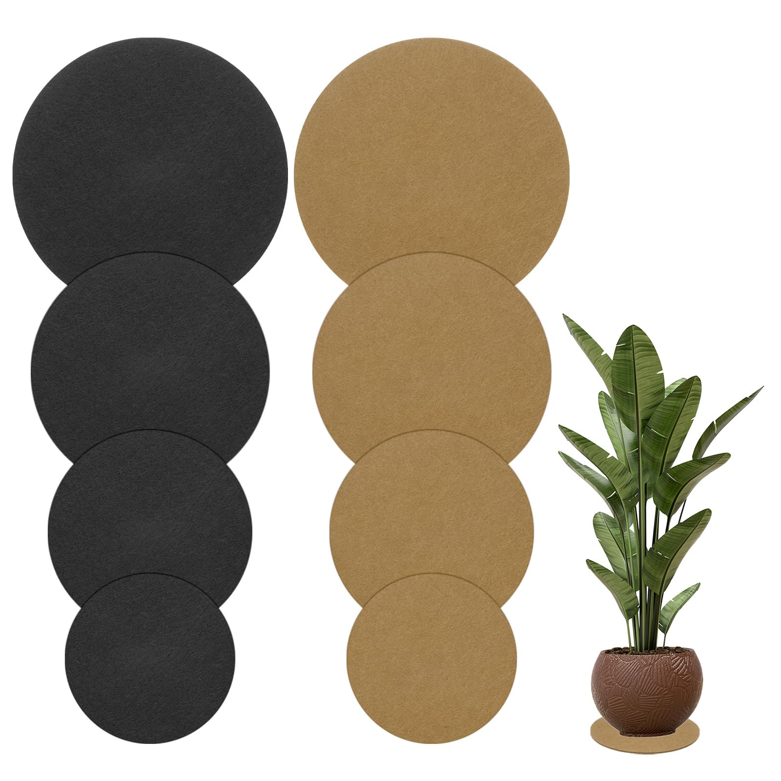 M METERXITY 8-Pack Felt Plant Coasters, 4/6/8/10 Inch Round Felt Coasters Plant Mats for House Plants Indoor/Waterproof Felt Pads for Plants/DIY Cork Pads [Black+Brown]