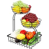 Winmien 3 Tier Countertop Fruit Vegetable Basket Bowl Storage, Solid Metal Kitchen Counter Organizer for Storing Fruits, Veggies, Bread, Snacks (Black)