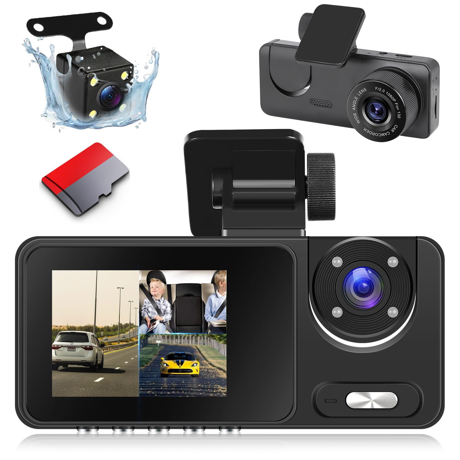Photo 1 of 3 Channel Dash Cam Front and Rear, 1080P Dual Dashcam with 4 IR LEDs - 2 inch IPS Screen with G-Sensor, Wide Angle, Night Vision with 64GB Card Included