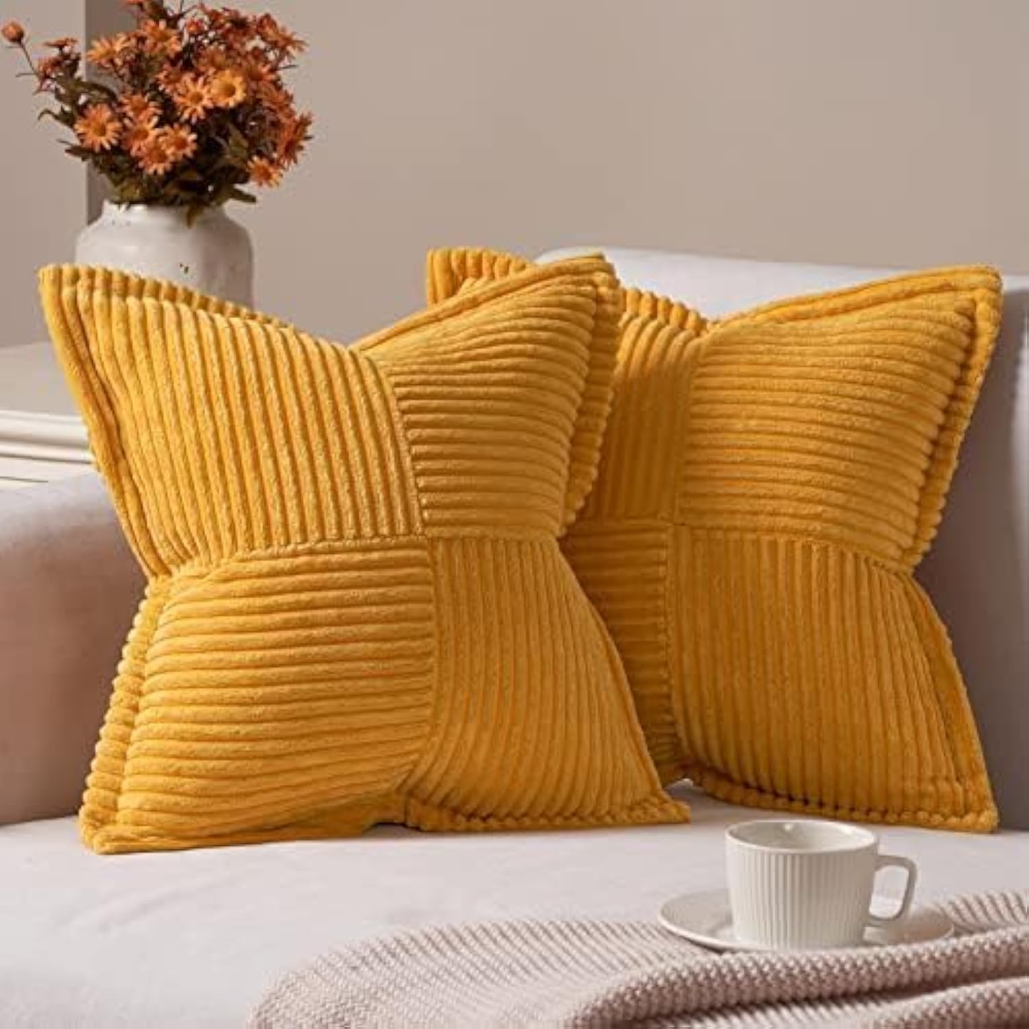 Topfinel Yellow Cushion Covers 40cm x 40cm,Scatter Autumn Mustard Yellow Decorative Fluffy Pillows Cases,Cushions Cover 16x16 inches with Invisible Zipper for Sofa Bed Livingroom Bedroom,Pack of 2