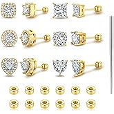 TOPBRIGHT 6 Pairs 20G Hypoallergenic Flat Back Stud Earrings - 14K Gold Plated Surgical Steel & Cubic Zirconia for Women Men, Nickel Free for Multiple Piercings Sensitive Ears