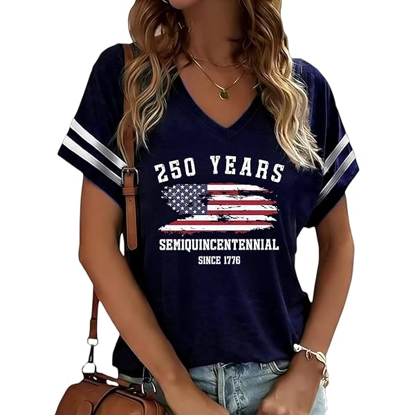 Women's 250th Years American Flag V Neck Shirt 1776-2026 Birthday