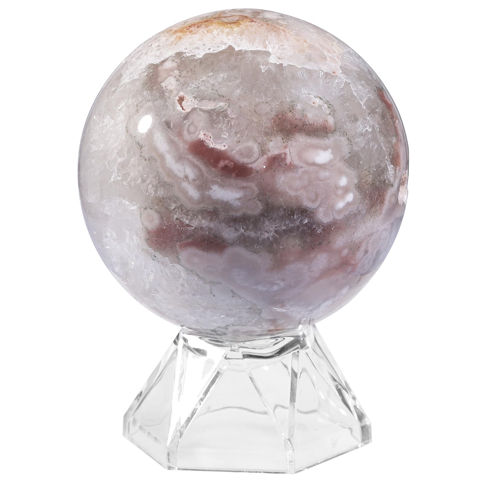 mookaitedecor 50-60mm Cherry Blossom Agate Crystal Ball Sphere Ornament with Stand Rare Crystals and Gemstones for Collecting, Pink Sakura Agate Stone Healing Crystal Geode Ball Gift Rock and Mineral