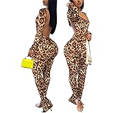 Womens Jumpsuit Long Sleeve One Piece Jumpsuits Leopard Print Sexy Backless Bodycon High Waisted Club Outfits Catsuits