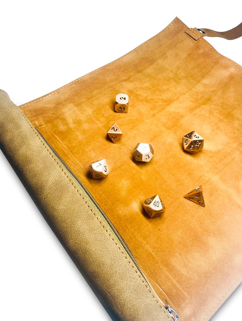 Complete D&D Dice SET with 7 Brass Solid Metal Polyhedral Dice, Professional Zippered Dice Bag, Luxury Black Rolling Mat for Dungeons & Dragons Mood & Style