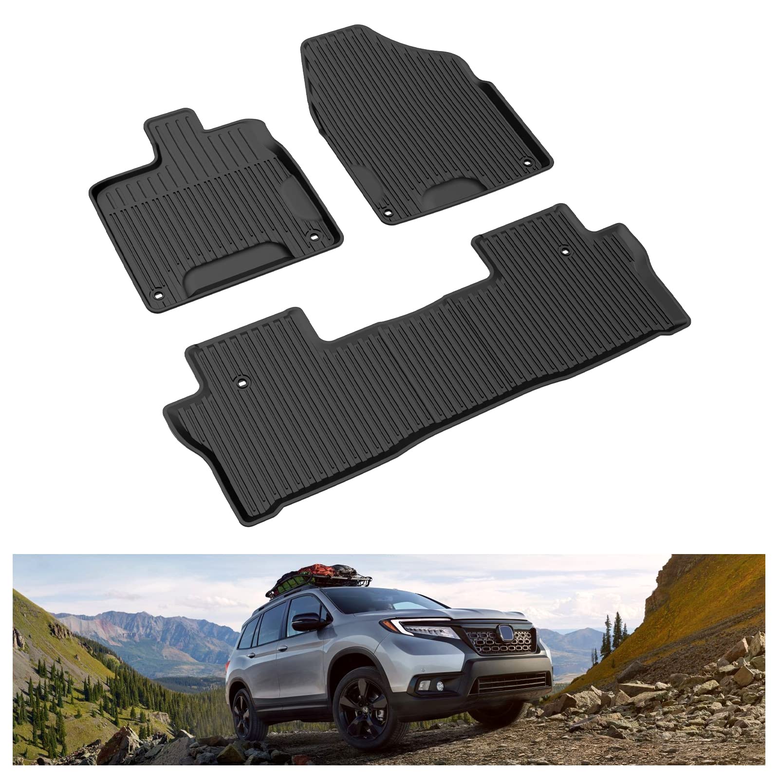 KIWI MASTER Floor Mats for 2019-2025 Honda Passport, OEM Replacement 08P17-TGS-100, Custom Fit All Weather Car Mats, Heavy Duty TPE Floor Liners, Front & Rear 2 Row, Black Image