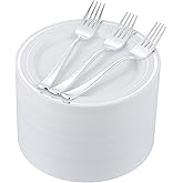 ISFANGCO 200pcs Silver Dessert Plates with Forks for 100 Guests-100pcs 7.5" Disposable Silver and White Small Plates with 100pcs 7.4" Forks-Cake/Appetizer/Salad Plate for Wedding,Birthday,Party