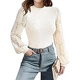 Flamingals Long Sleeve Collar Neck White Blouses for Women Lantern Sleeve Floral Lace Pockets Shirts Waffle Knit Slim Tops
