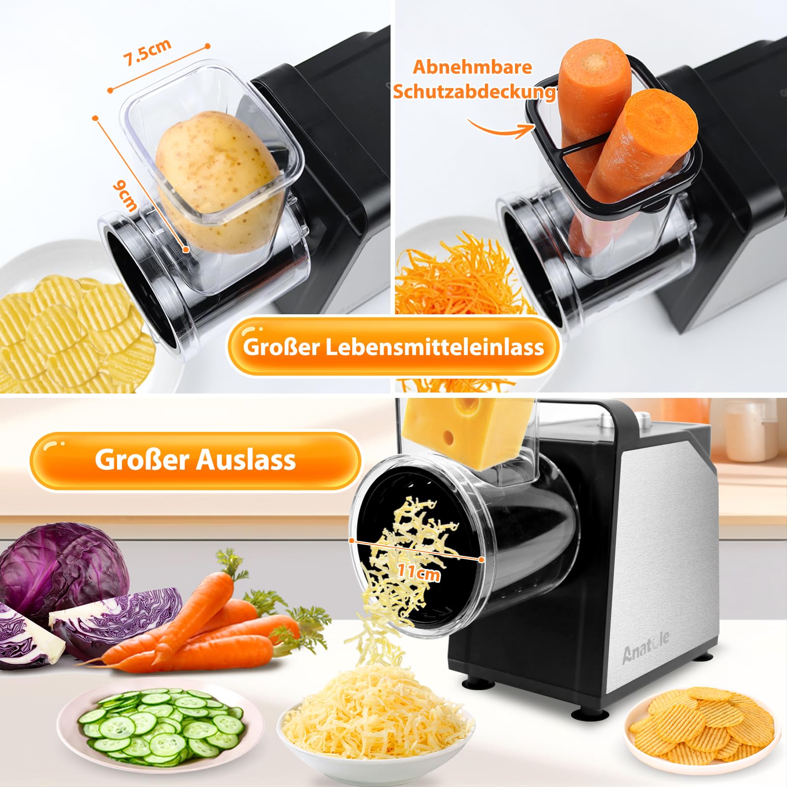 Anatole Gemüseschneider Elektrisch Ice Crusher 7 Klingen Gemüsehobel Eisrasierer Edelstahl 250W Großkaliber Käsereibe Multifunktional 220V EU-Stecker 3