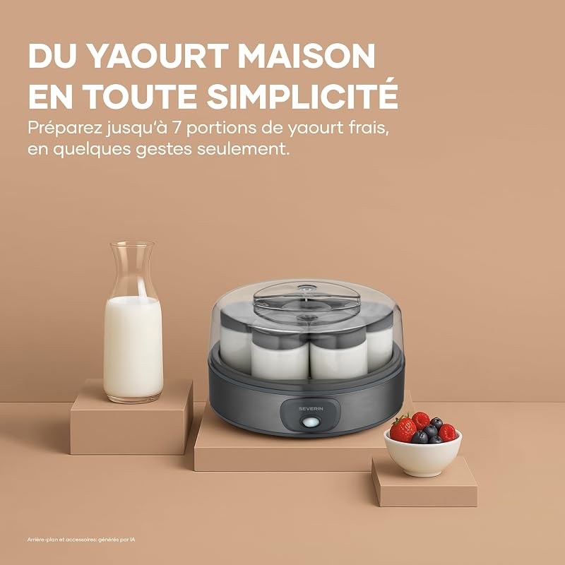 Yaourtière pratique et compacte, Machine à yaourt maison 13 W, Yaourtière électrique et 7 pots de yaourt en verre de 150 ml avec couvercle, garanti sans BPA, anthracite, JG 3510