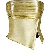 SHENHE Women's Metallic Split Hem Ruched Tube Bandeau Tank Strapless Party Rave Crop Top
