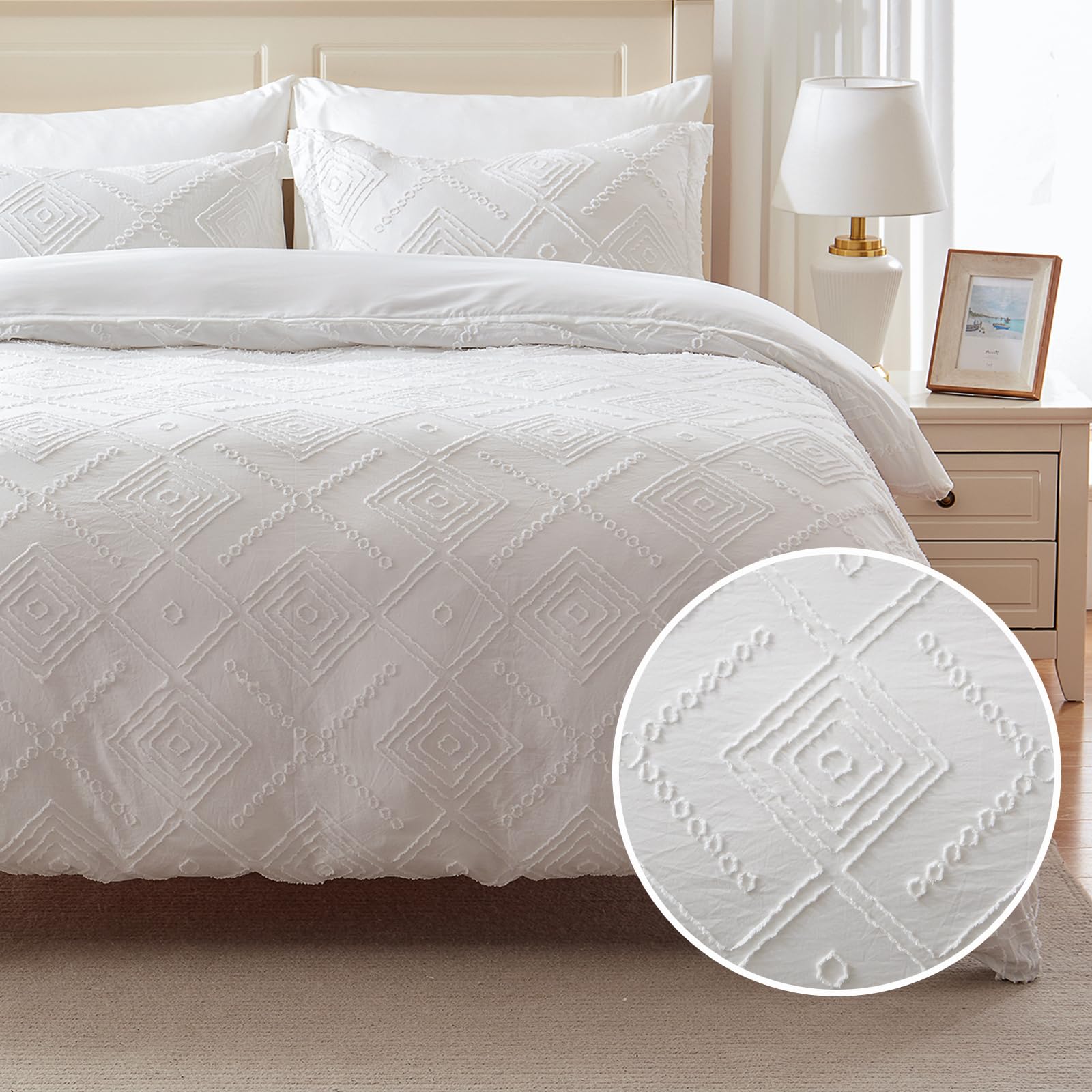 Photo 1 of EMME White Boho Duvet Cover Twin, 2 Pieces Tufted Comforter Cover Set, Boho Embroidery Bedding Sets for All Seasons, 1 Duvet Cover + 1 Pillowcase (White, Twin)
