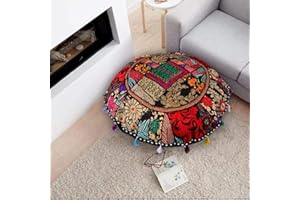 ShakDeco Cotton Khambadiya Cushion Pouf Cases Ottoman Sham Patchwork Large Round Floor Pillow Cover Meditation Cushions Cover 32" Inch (Black)
