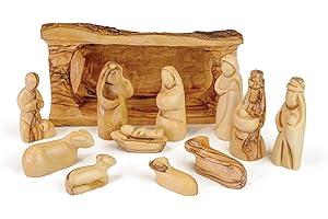 TREE OF LIFE REV. 22:14 Olive Wood Nativity Set from Bethlehem - Intricately Hand Carved Wooden Nativity Set from the Holy Land with Small Bark Log Stable, Manger & Figurines - Indoor Use for Christmas