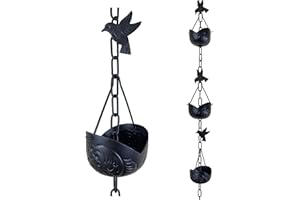 Rain Chains by JASINC 8.5 ft Fortune Cookie Cups Black Powder Coated, to Replace Roof Gutter Downspout, with Installation Kit, Rainwater Catcher/Water Diverter, JAS8001BLK