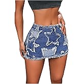 WDIRARA Women's Star Pattern Ripped Raw Hem Bodycon Pencil Skirts Slim Fit Y2K Cheeky Denim Hip Skirt