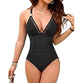 XUNYU Women One Piece Swimsuits Tummy Control Bathing Suit Mesh V Neck Swim Suits Full Coverage Modest High Cut Swimwear 2026