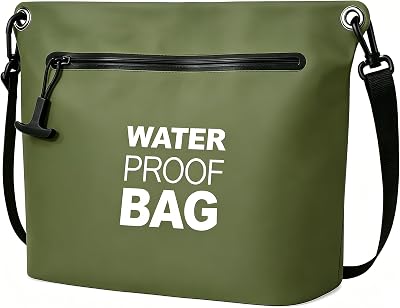 Sac Étanche Bandoulière avec Fermeture Zippée Hermétique, Sac Dry Bag Léger avec Sangle Réglable pour Plage, Natation, Voyage et Usage Quotidien (Vert armée)