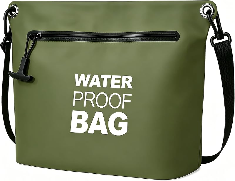 Sac Étanche Bandoulière avec Fermeture Zippée Hermétique, Sac Dry Bag Léger avec Sangle Réglable pour Plage, Natation, Voyage et Usage Quotidien (Vert armée)