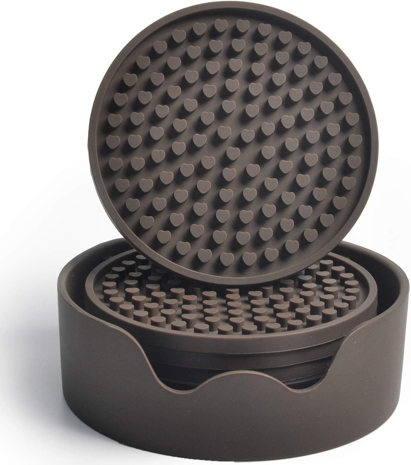 Mofason Coasters for Drinks Absorbent with Holder, Silicone Drink Coasters Set of 6 – Heat Resistant Waterproof Large Coffee Table Rubber Coaster for Furniture Protection (Brown)