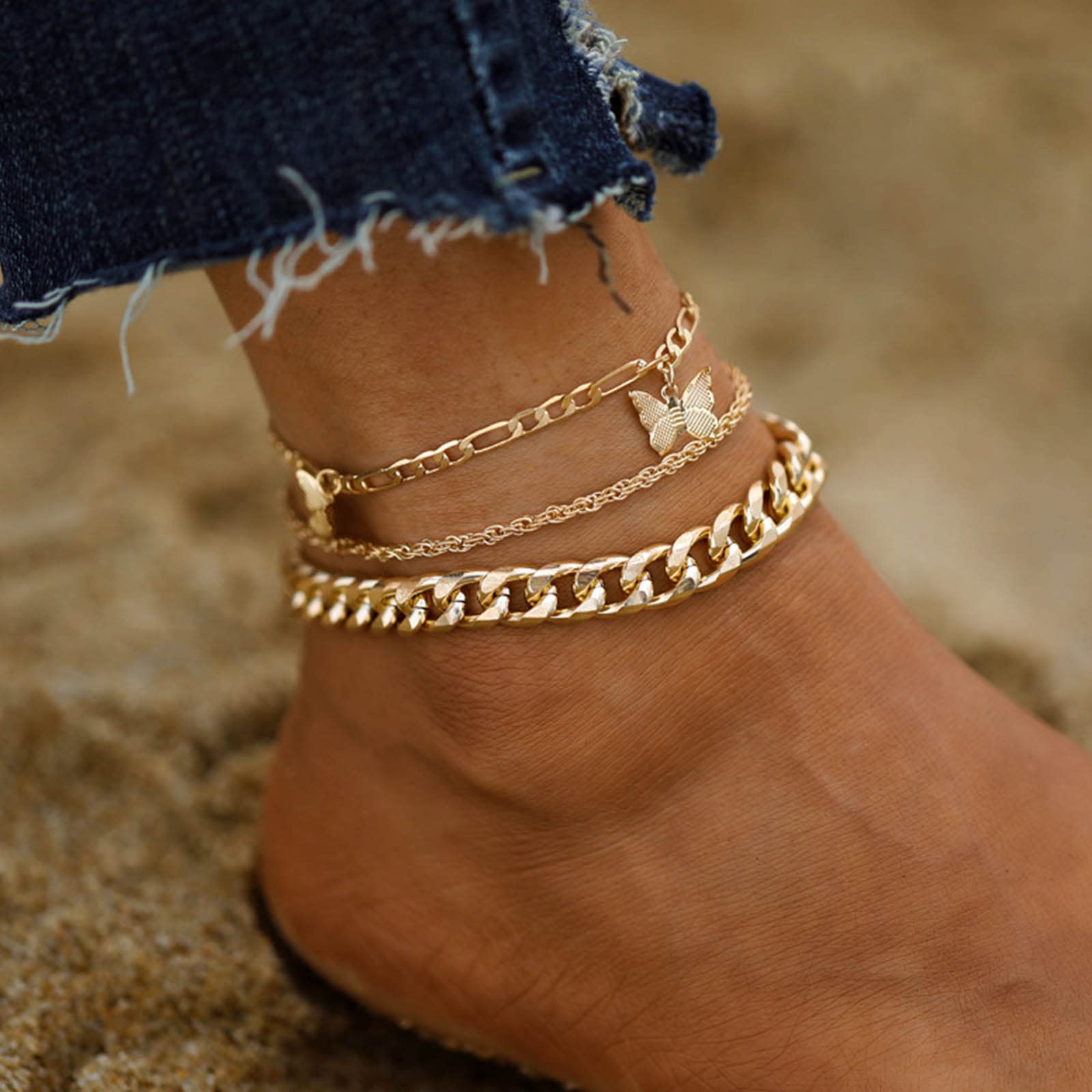 Yienate Boho Multi Layered Butterfly Anklet Bracelet Gold Butterfly Pendant Foot Chain Cuban Chain Ankle Chain Butterfly Layered Beach Anklet Charm 3 Pcs Set Foot Jewelry Gift for Women Girls