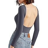 SUUKSESS Women Backless Y2k Long Sleeve Bodysuit Double Lined Open Back Sexy Basic Top