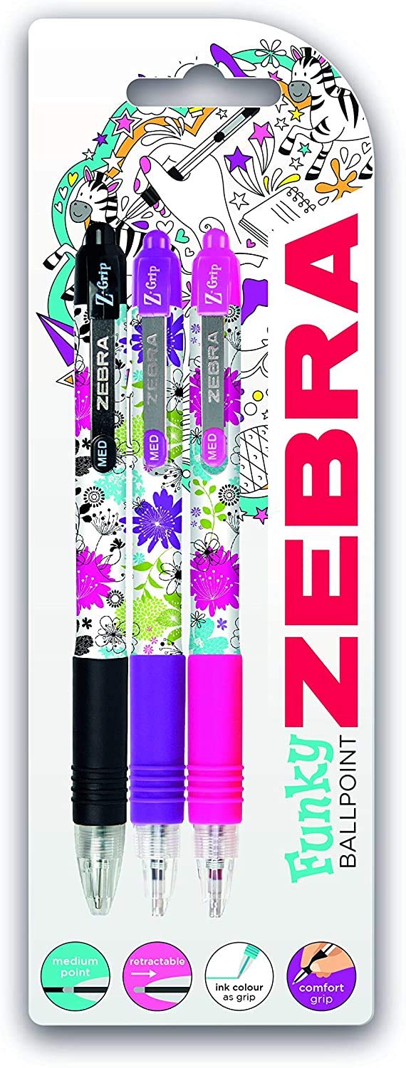 Zebra Pen Z-Grip Floral Retractable Ballpoint Pen, Medium Point, 1.0mm, Black, Pink and Violet Ink, Twelve Packs of 3, 02500N