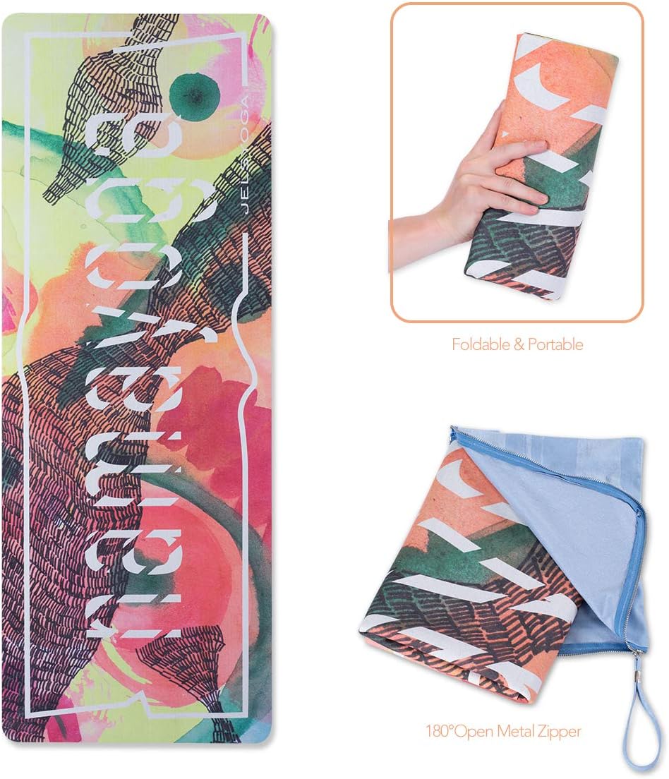 JELS Yoga Travel Mat -1.5mm Thin Folding Hot Yoga Mat with Carrying Bag Non Slip Sweat Absorbent Quick Dry Print Yoga Mat ＆Towel Combo for Pilates Ashtanga and Bikram(72”x26”X 1/16Inch)