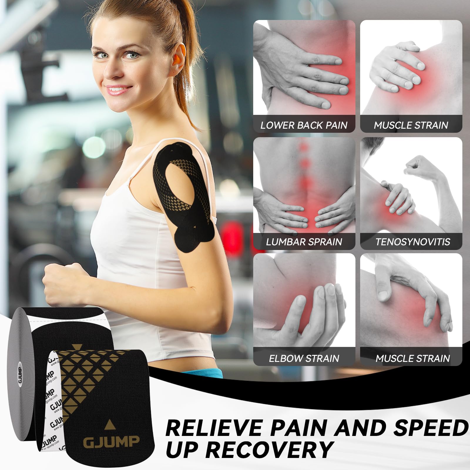 GJUMP Kinesiology Tape, Precut Athletic Sports Tape 40 Strips (2 Rolls), Waterproof Breathable Muscle Tape for Pain Relief & Joint Support