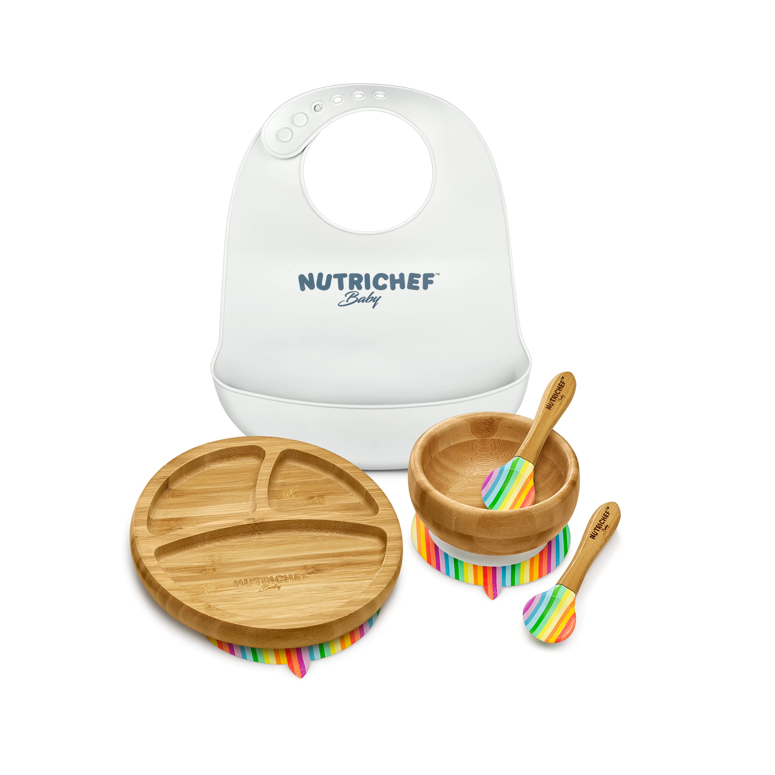 Nutrichef Baby and Toddler, 3 compartment plate, bowl, and spoon feeding set- silicon suction, Non-toxic all natural Bamboo baby food plate with silicon bib