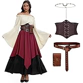 IEEILULU Renaissance Costume Women Medieval Peasant Dress for Women Ren Faire Skirt with Corset Belt Pouch