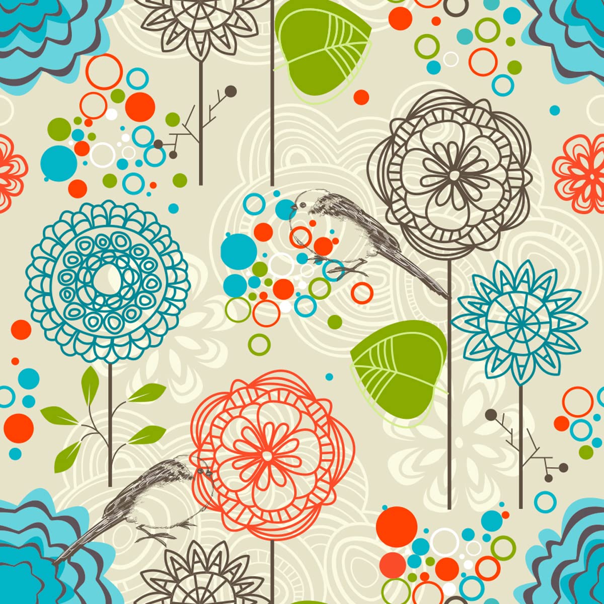 Floral Upholstery Fabric by The Yard,Retro Birds Flower Outdoor Fabric by The Yard,Boho Leaf Circles Pattern Decorative Fabric for Upholstery and Home DIY Projects,3 Yards,(L276*W150cm) Cream Blue