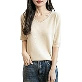 Chanyarn Women's V-Neck 100% Merino Wool Spring Fall Winter First-Line Ready to Wear Seamless Knit Shirt Short Sleeve Sweater