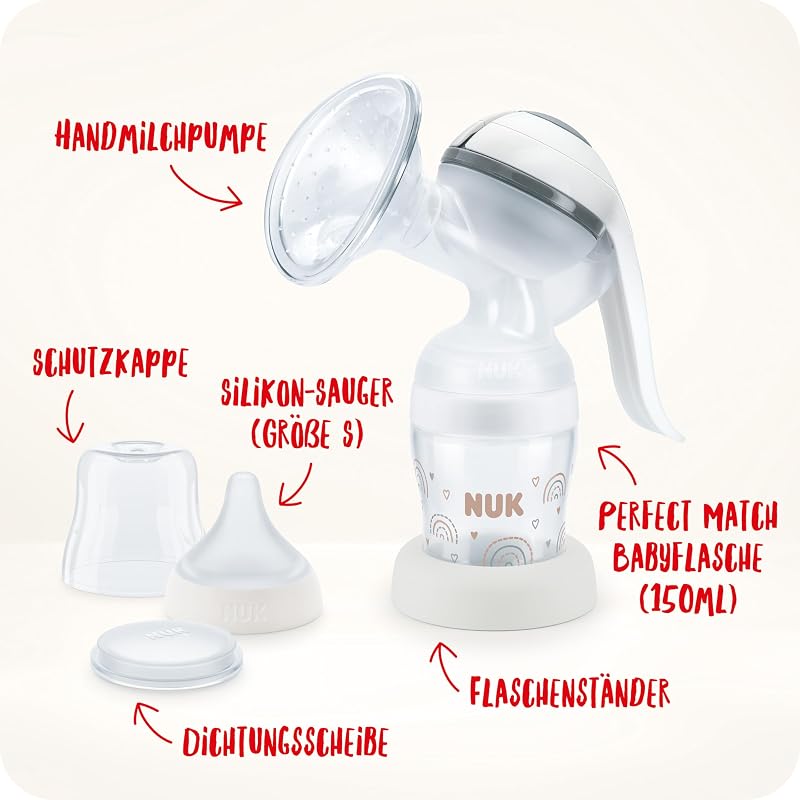 Handmilchpumpe | Weiches Silikonkissen | Ergonomischer Pumphebel | Mit Perfect Match Babyflasche | 150 ml