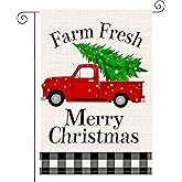 HOMETITUTE Merry Christmas Garden Flag 12x18 Inch Red Truck Welcome Garden Flags Burlap Double-Sided Farm Fresh Tree Seasonal Outdoor Holiday Banner Winter Flag for Yard Lawn Decoration