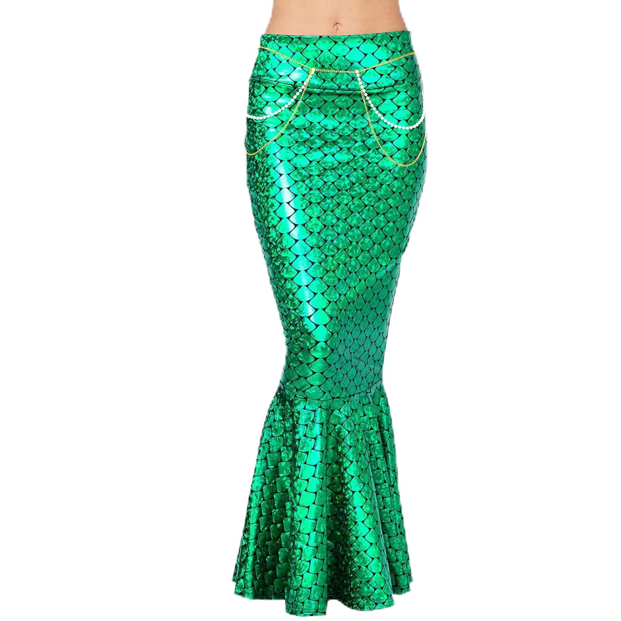 Acrawnni Women's Mermaid Long Tail Costume Sequin Maxi Skirt Cosplay Halloween Costume Dress Adult Role Play Party Costumes (B-Green, L)